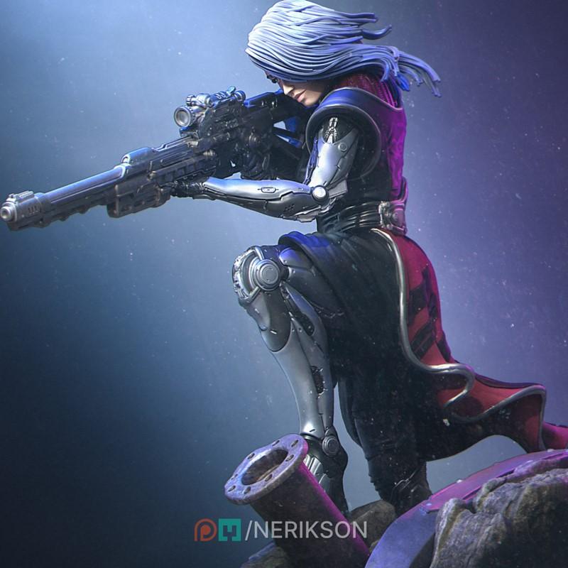 Aryn the Sniper Assassin, a sci-fi character with blue hair, aims a detailed sniper rifle while kneeling on rocky ter...