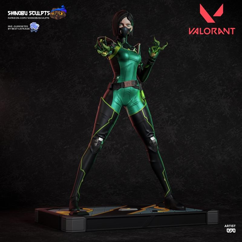 Shinobu Sculpts 3D model of Viper from Valorant, wearing a green and black suit with neon accents, mask, and glowing...
