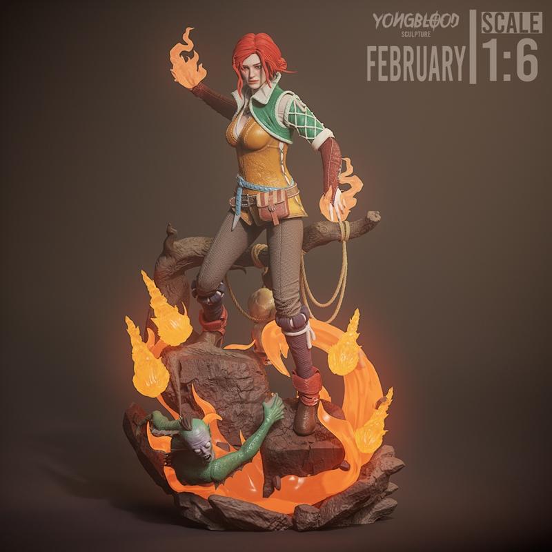 Triss Merigold 1:6 scale sculpture by Yongblood Sculpture, conjuring fire magic with flames erupting around her and a...