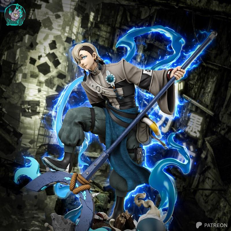 Stylized anime warrior with blonde hair and blue eyes, holding a large staff with blue energy effects, in a dynamic c...
