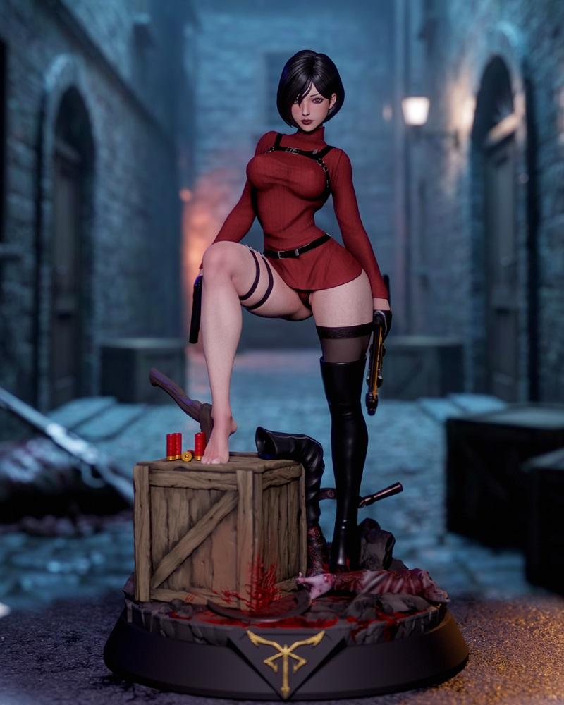 3D model of Ada Wong from Resident Evil, wearing a red dress and thigh-highs, posing on a blood-splattered diorama ba...
