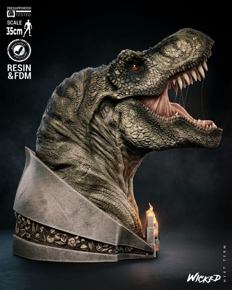 Bust of a T-Rex with mouth open, detailed scales, and sharp teeth, mounted on a base with fossil details and flames....