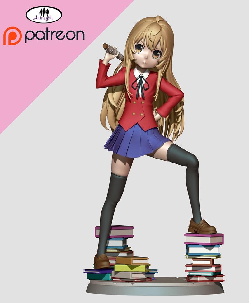 Taiga Aisaka anime figure in school uniform, standing on stacks of books, holding a scroll case. Blonde hair, red bla...