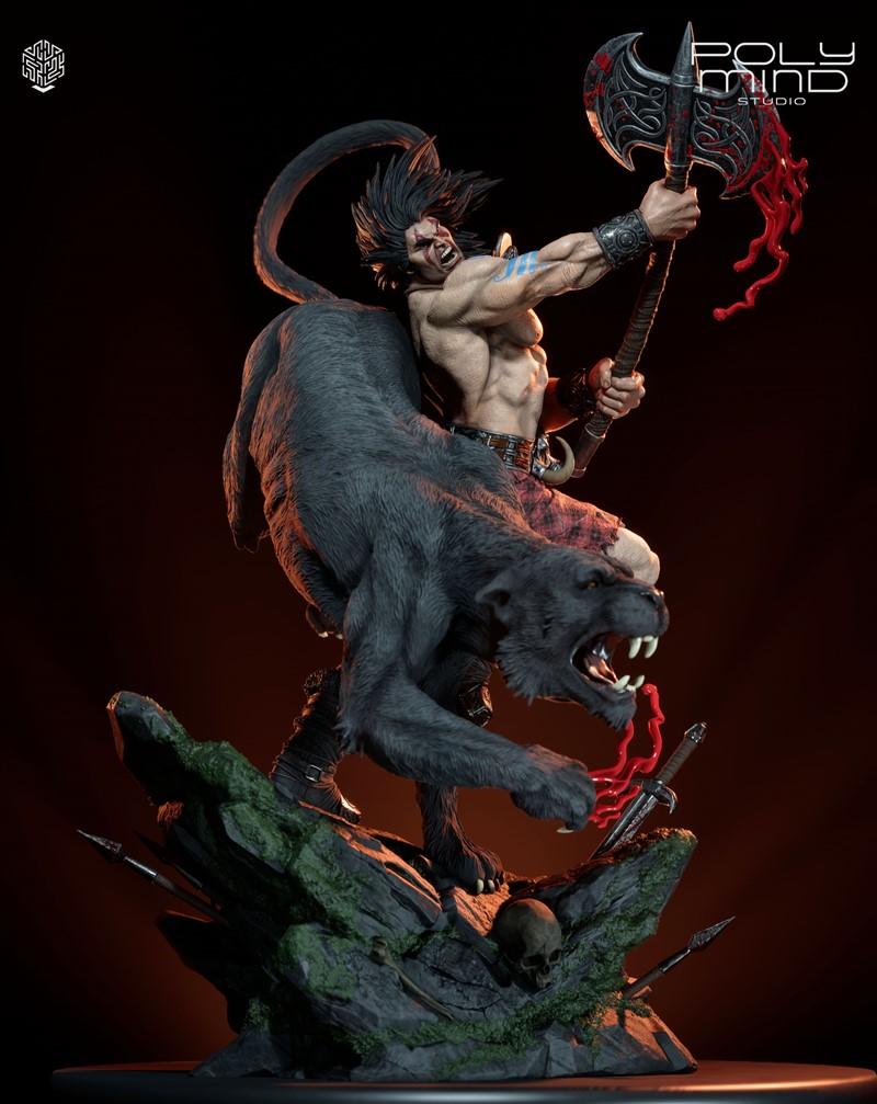 Barbarian warrior Slaine riding a black panther, wielding a bloody axe, on a rocky base with skulls and weapons. Poly...