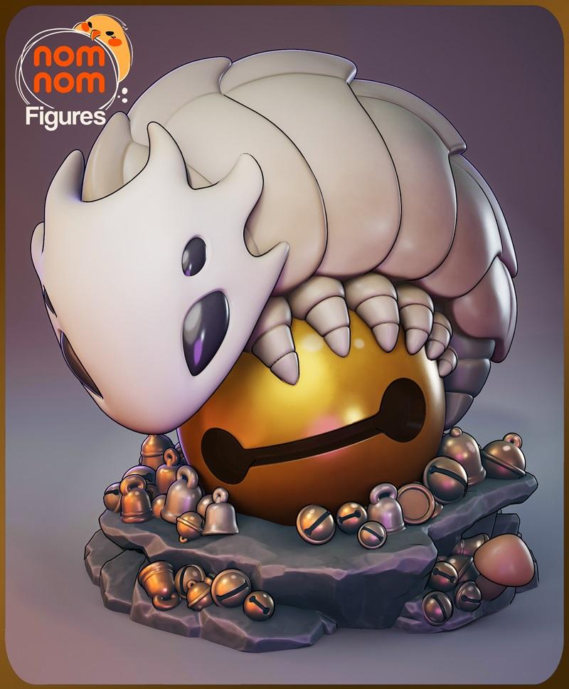 Chibi Bell Beast figure from Hollow Knight, resting on a large golden bell surrounded by smaller bells and rocks. The...