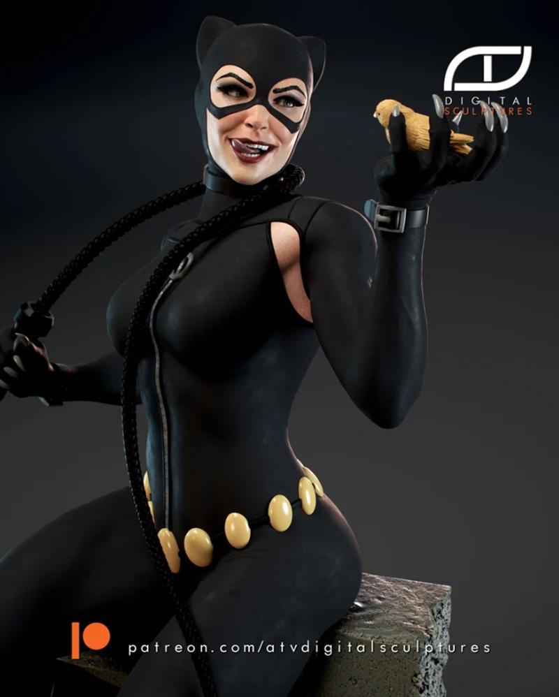 Catwoman in a black catsuit with a mask and whip, holding a small bird. The figure is posed playfully, with a zipper...