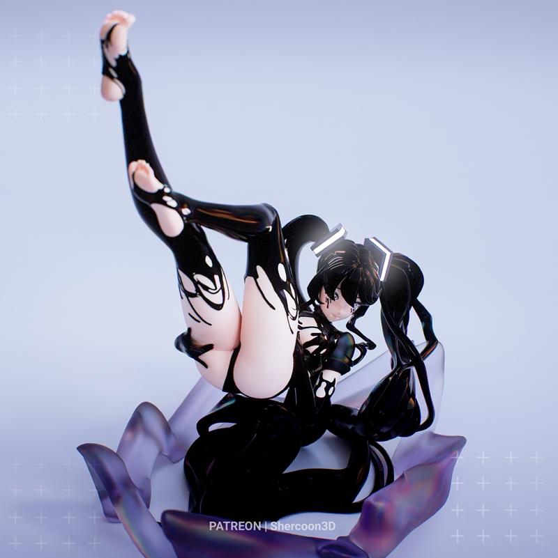 Shercoon3D Venom Miku 3D model figure, posed dynamically with legs in the air, wearing glossy black attire with tenta...