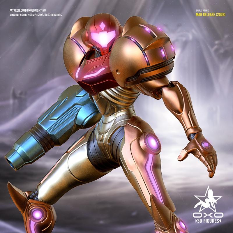 Samus Aran in Metroid Prime power suit, gold and red armor with glowing purple accents, dynamic action pose.