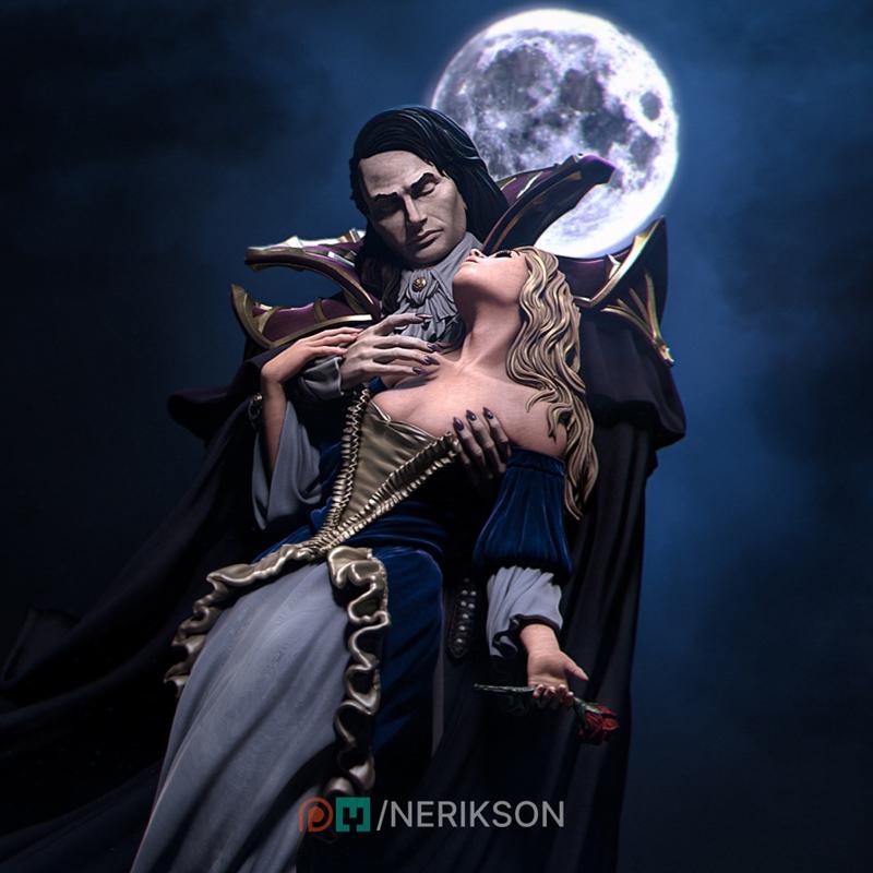 Male vampire in dark, ornate cape holding a woman in a blue and gold gown, under a large full moon. The woman holds a...