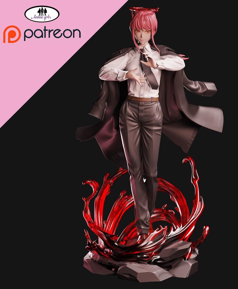 Makima from Chainsaw Man anime figure, standing on a base of red energy swirls, wearing a white shirt, tie, dark trou...