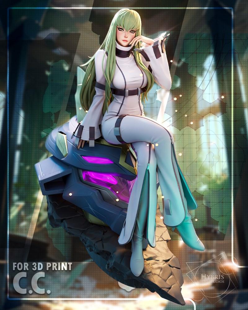 CC from Code Geass, a female anime character with long green hair, wearing a white and green outfit, sitting on a pie...