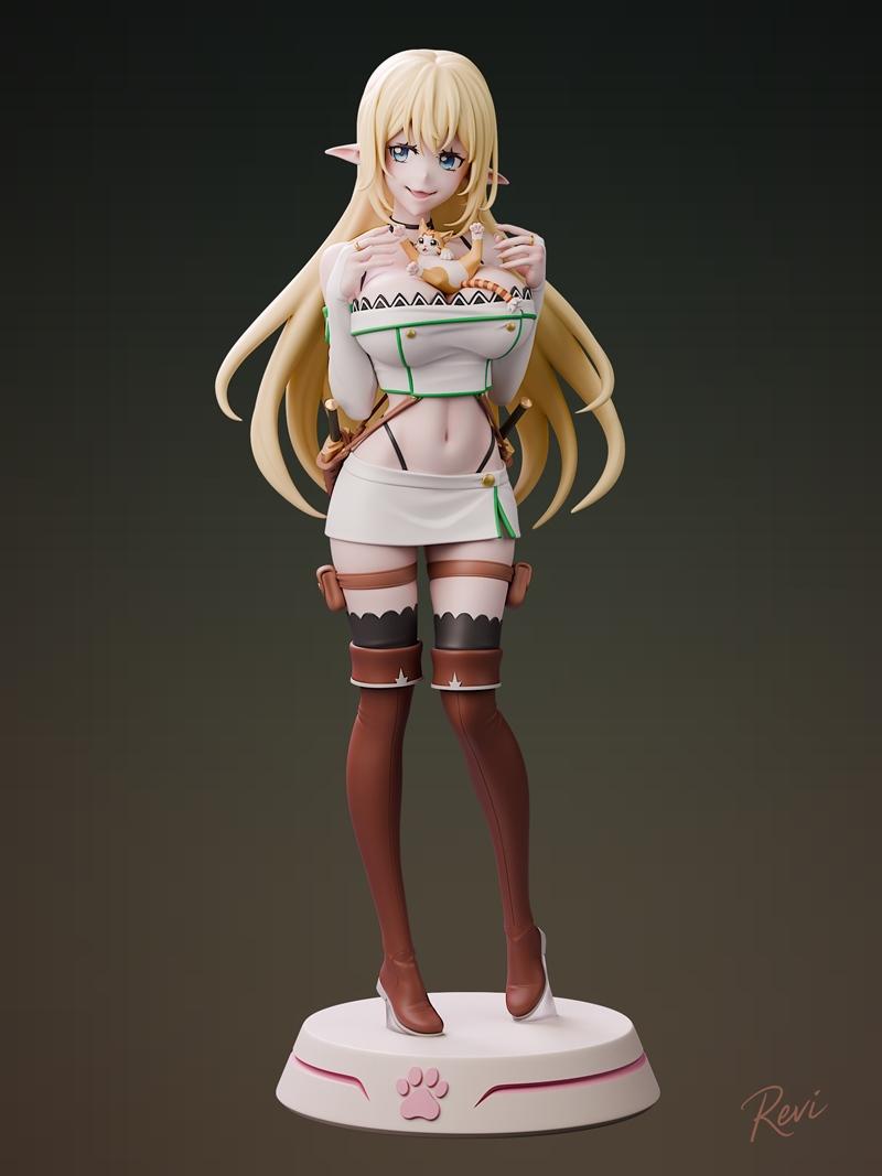 Anime-style elf woman with blonde hair and blue eyes, wearing a short white outfit and brown thigh-high boots, holdin...