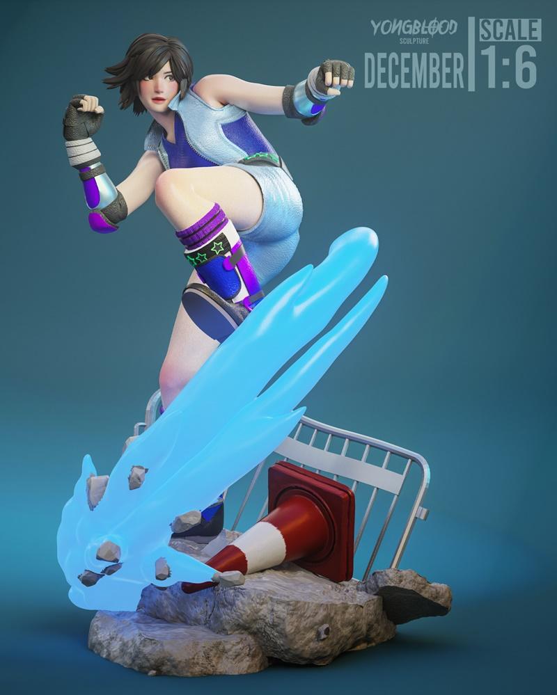 Asuka Kazama 3D model in a dynamic action pose, surrounded by blue energy effects, standing on a base with rubble, fe...