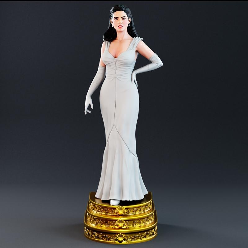 Jennifer Connelly figure in a white formal gown and opera gloves, standing on an ornate golden base.