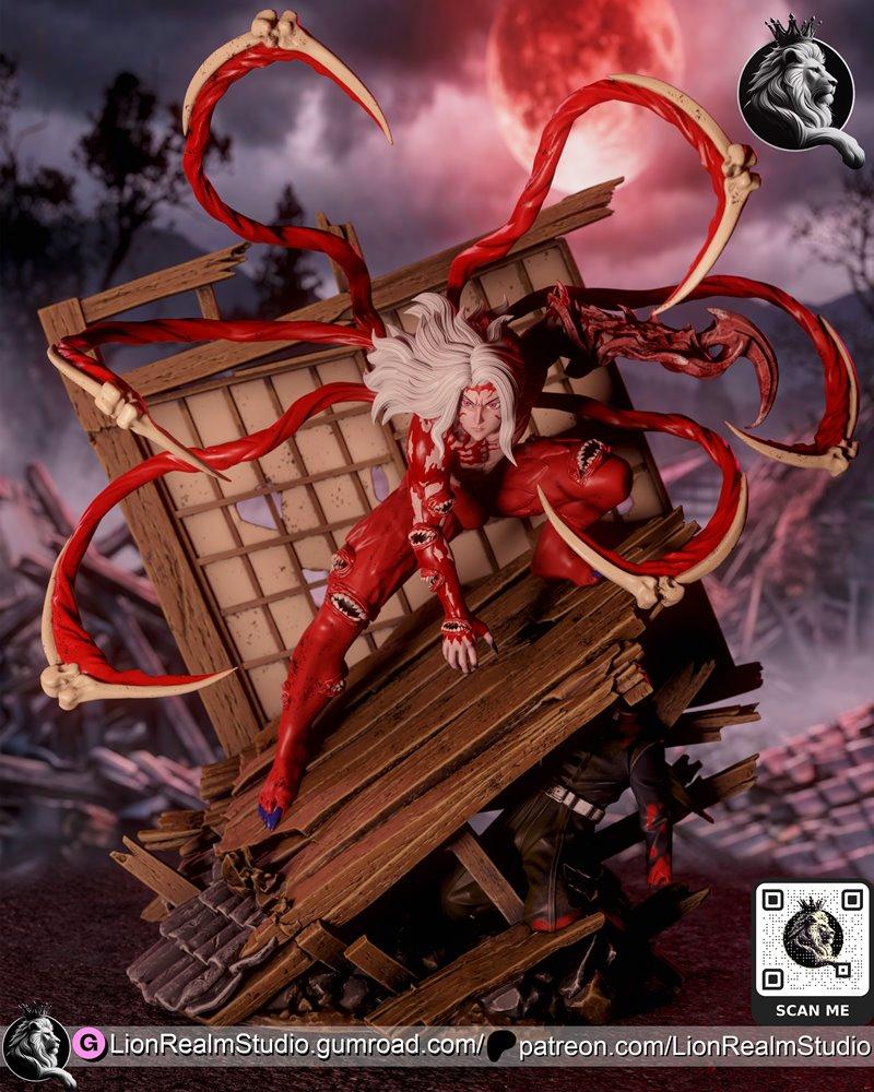 Muzan Kibutsuji figure from Demon Slayer, posed dynamically on broken wooden structures, with sharp red tentacles ext...