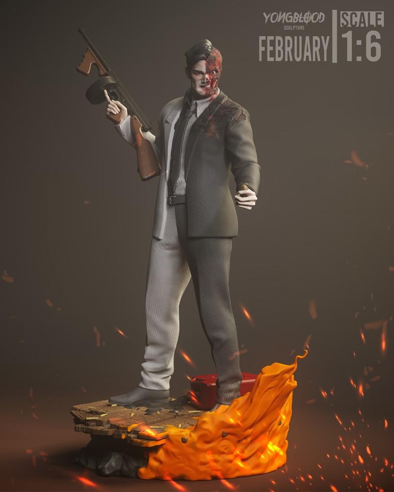 1:6 scale 3D model of DC Comics villain Two-Face, holding a submachine gun, with one side of his face and suit disfig...
