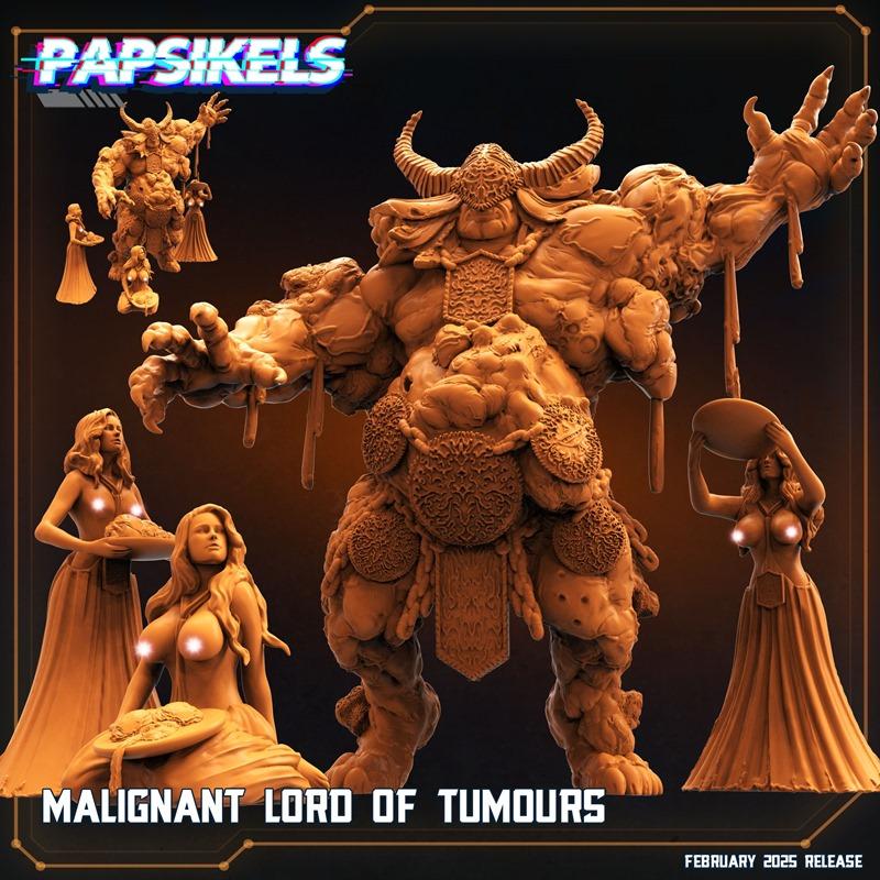 Malignant Lord of Tumours 3D model with accompanying female figures. The central figure is a large, horned, armored m...