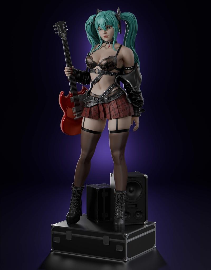 Hatsune Miku figure in rock attire, holding a red electric guitar, wearing a plaid skirt, lace bra, leather jacket, a...
