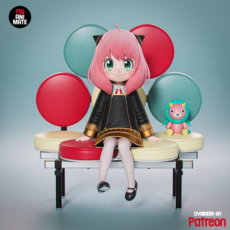 3D model figure of Anya Forger from Spy x Family sitting on a bench with colorful backrests, holding a plush toy.