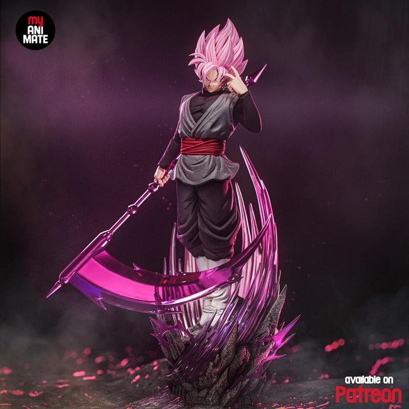Goku Black Rose figure with pink hair, holding a pink scythe, standing on a jagged crystalline base with pink energy...