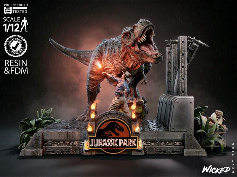 1/12 scale Jurassic Park diorama by Wicked, featuring a T-Rex roaring over a man in front of the iconic gate, with de...