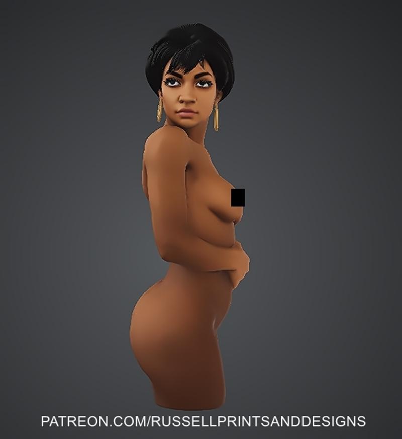 Nude bust of Uhura from Star Trek, side profile, short black hair, gold earrings, hand on abdomen, censored breasts.