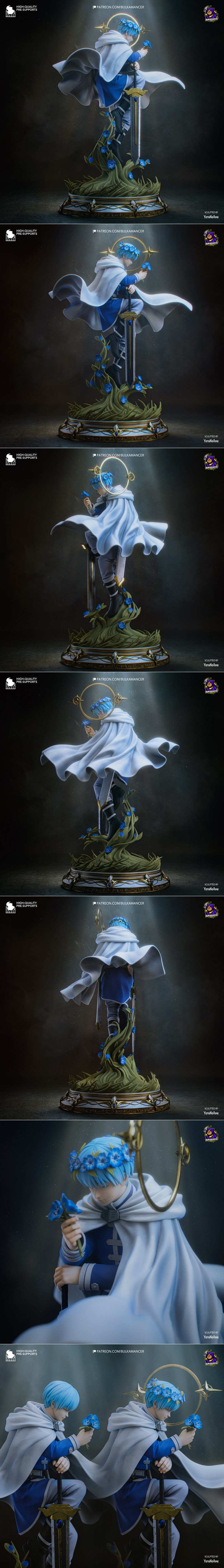 Himmel figure with blue flower wreath, holding blue flowers, wearing blue tunic and white cape, seated with large swo...