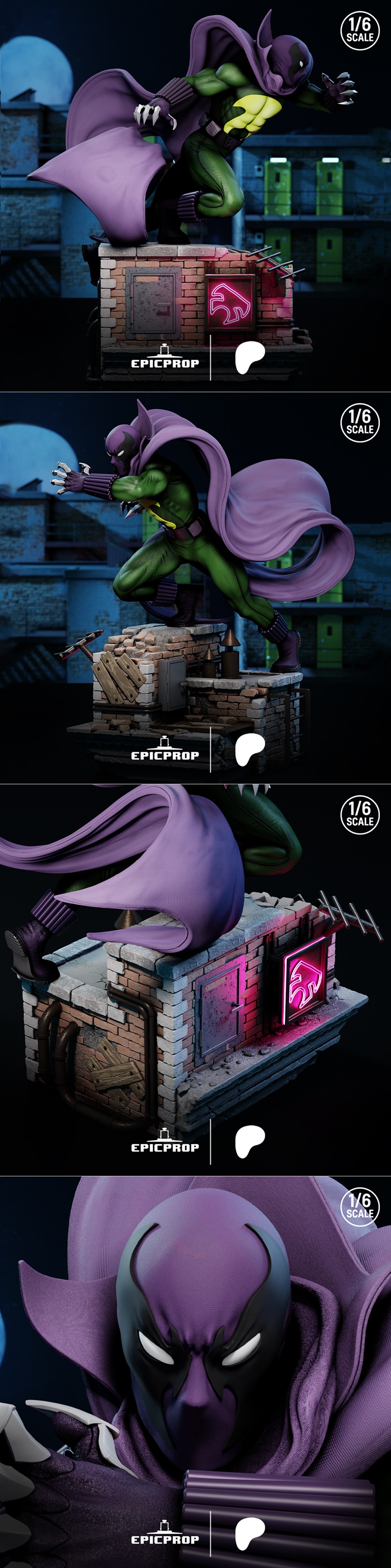 1:6 scale 3D model of Marvel's Prowler in a crouched, ready-to-strike pose, wearing a green suit, purple cowl, and ca...
