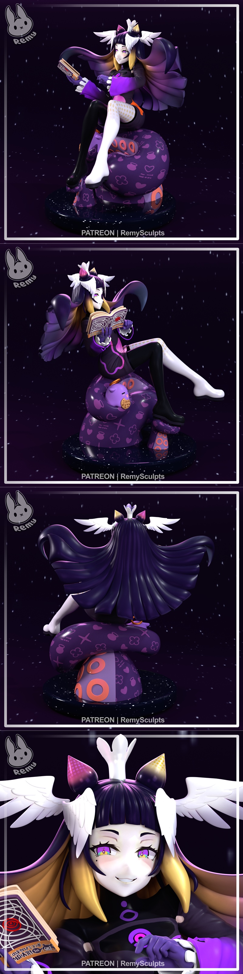Ninomae Ina'nis figure by Remy Sculpts, sitting on a purple tentacled creature, reading a book, with large wings and...