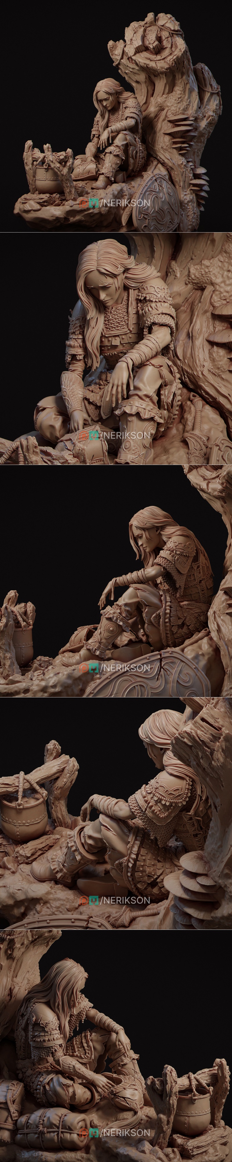 Female warrior in chainmail armor resting on rocks, looking down with a weary expression. Intricate shield detail vis...