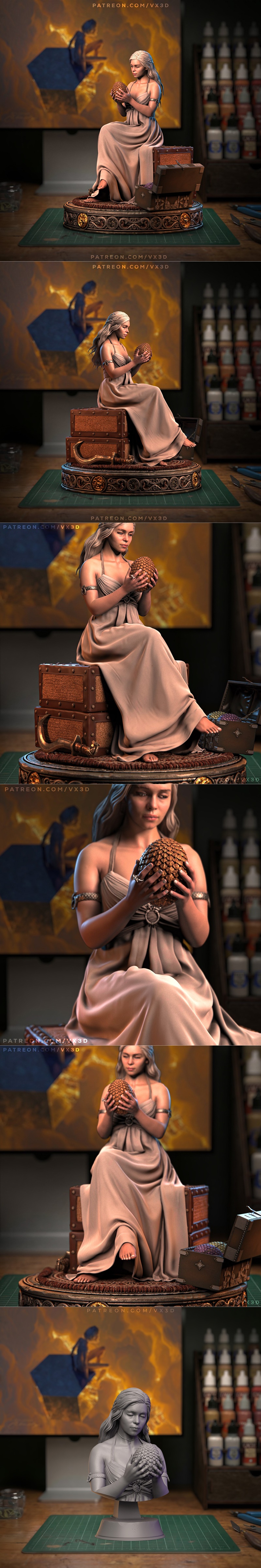 Daenerys Targaryen seated, holding a dragon egg, wearing a flowing gown. Stacked chests and a treasure chest with jew...