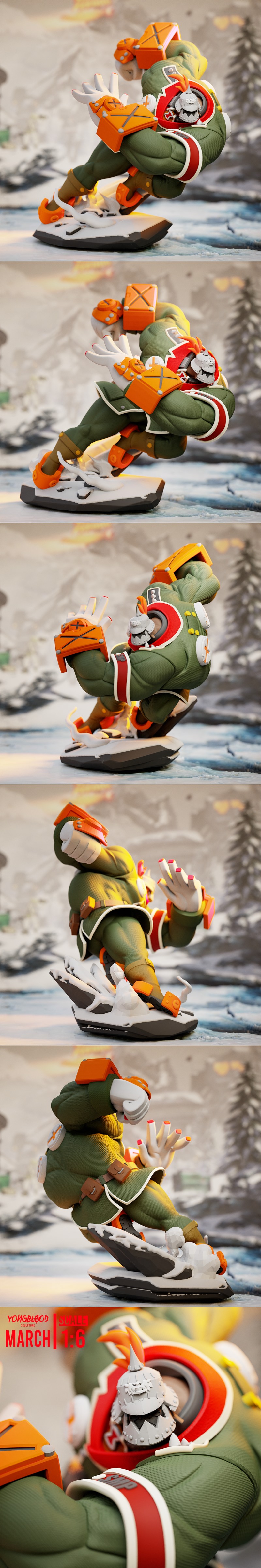1:6 scale 3D print model of Potemkin from Guilty Gear, posed dynamically on a snowy base. Figure wears a green unifor...