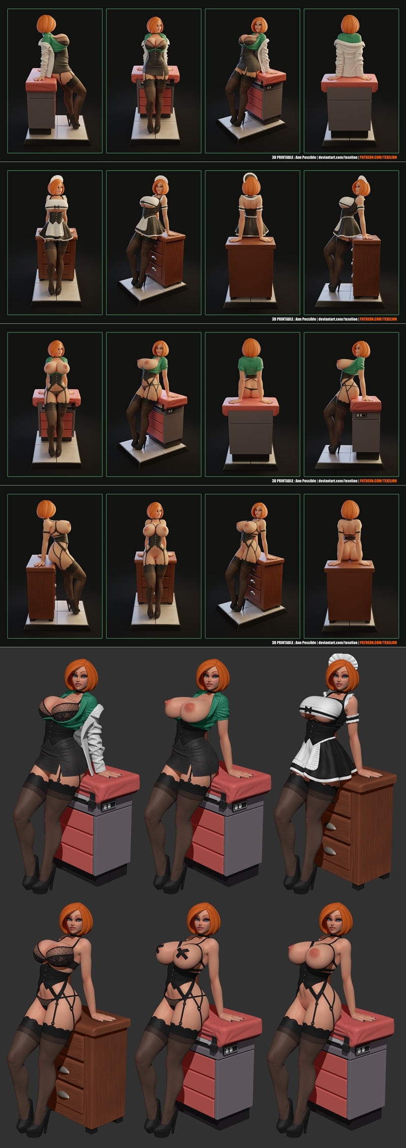 Ann Possible 3D model: orange bob haircut, green bra with black lace, grey skirt, black stockings, and heels, standin...