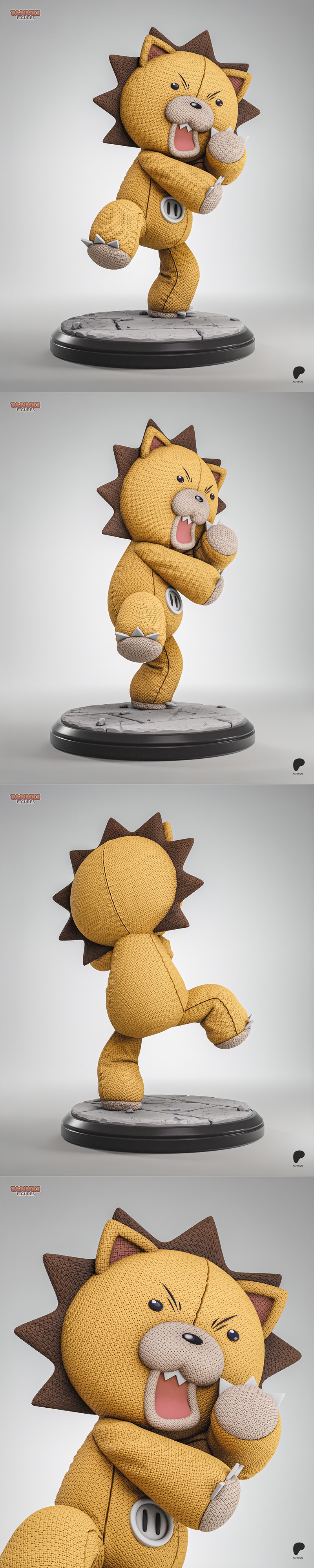 Tanuki Figures 3D model of Kon from Bleach, depicted as a yellow plush toy lion with brown accents, in a dynamic acti...
