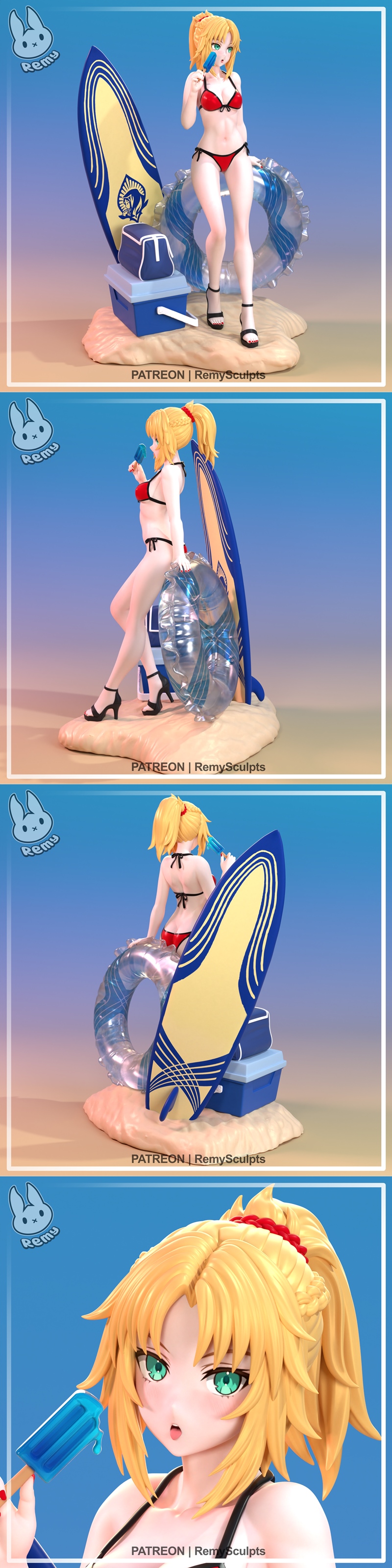 Remy Sculpts 3D model of Mordred in a red bikini, holding an ice pop, with a surfboard and inflatable ring on a beach...