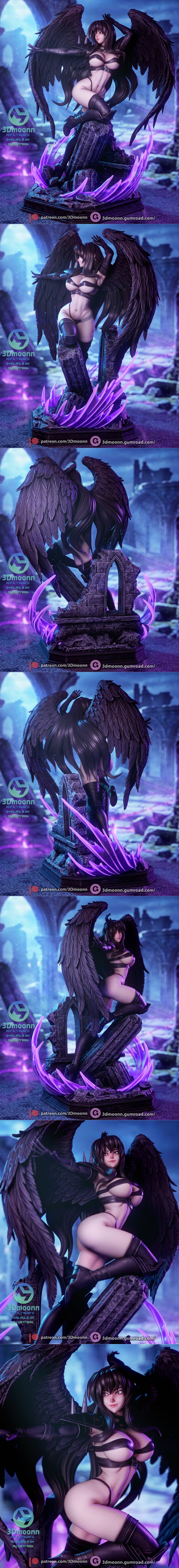 Raynare from High School DxD, a dark angel figure with large black wings, kneeling on ruined stone with purple energy...