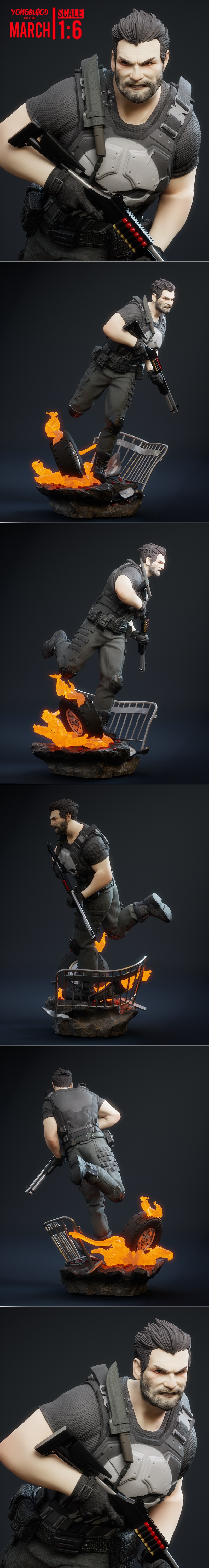 The Punisher 1:6 scale 3D model figure by Yongblood Sculpture, mid-leap with shotgun, standing on a fiery base with a...