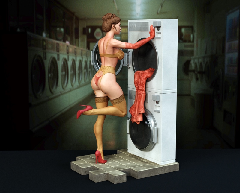 Woman in lingerie and red heels posing with a stacked washing machine, red boots inside the machine, laundry room bac...