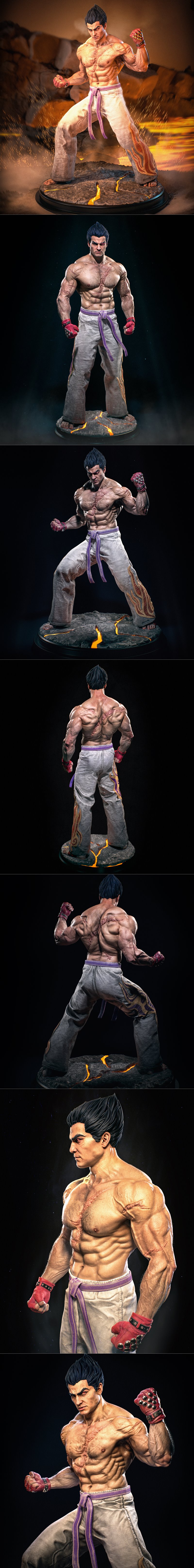 Muscular male figure of Kazuya from Tekken, standing in a fighting stance on a volcanic base. He wears white pants wi...