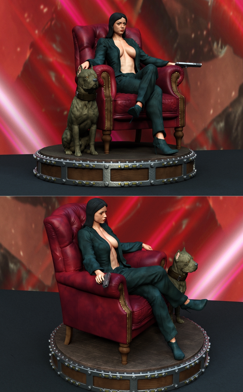Ana de Armas figure in a green suit, seated in a red armchair with a gun, next to a pitbull dog on a decorative base.