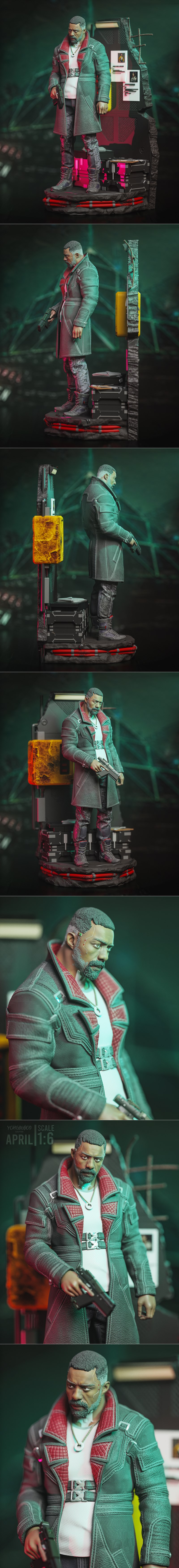 Solomon Reed 1:6 scale 3D model by Yongblood Sculpture, holding a pistol, wearing a trench coat and jeans, standing o...
