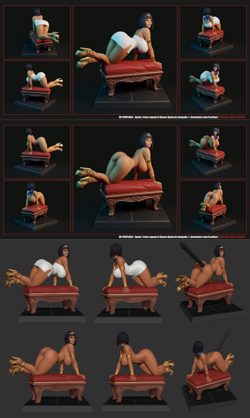 Opala, an original character, reclines on a red ottoman in a white dress and gold heels. She wears gold armbands and...