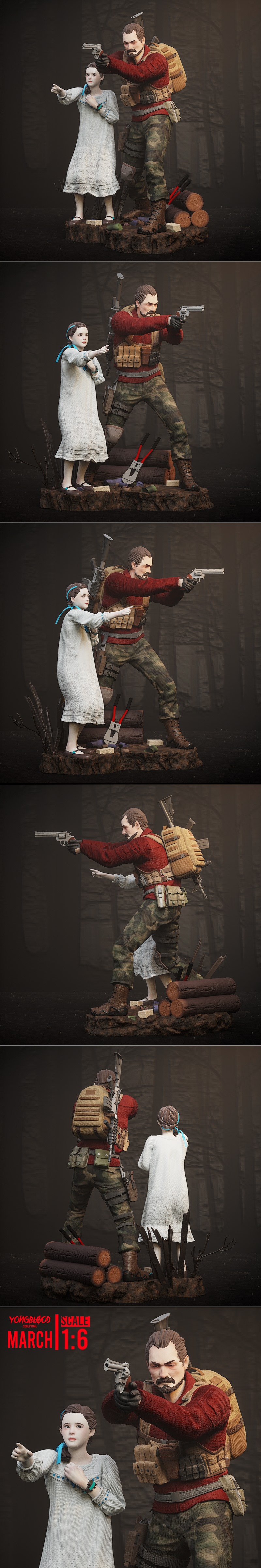 Barry Burton aiming a handgun while Natalia Korda points forward, both standing on a forest-themed diorama base. Barr...