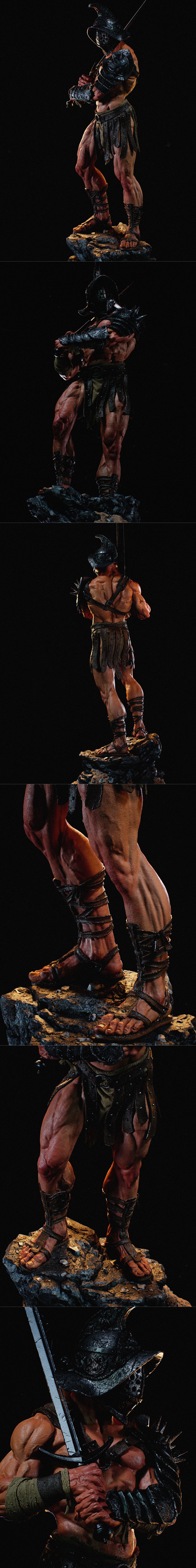 Muscular gladiator figure wearing a helmet and armor, holding a sword, standing on a rocky base. Model by CA 3D Studios.