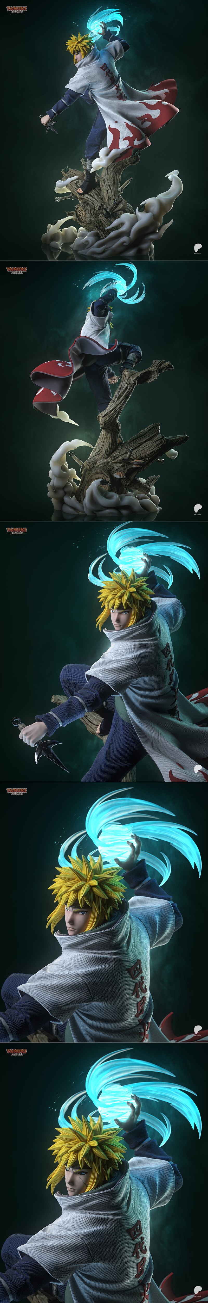 Minato Namikaze figure in dynamic leaping pose, holding a Rasengan, wearing a white and red flame-patterned cloak, ba...