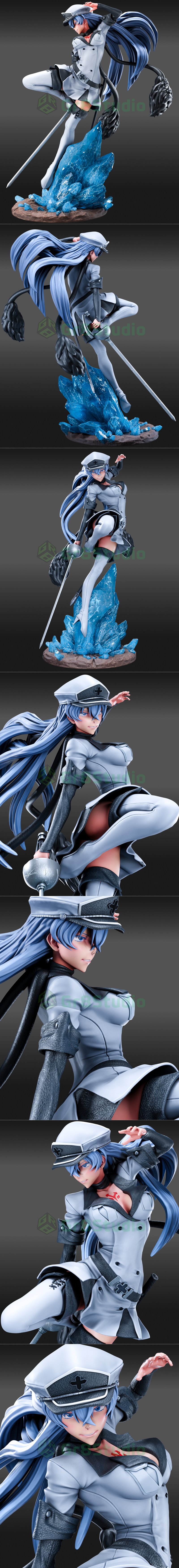 Esdeath from Akame Ga Kill in a dynamic pose, wielding a sword and standing on blue ice crystals, wearing a white mil...