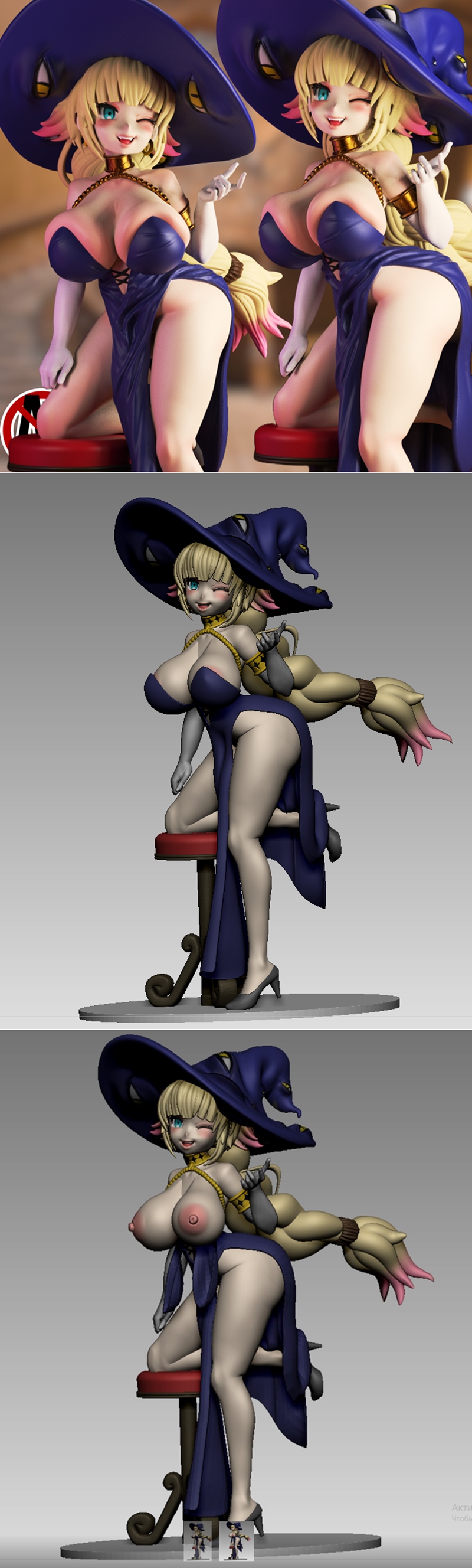 3D model of Great Mage Demia, a blonde witch with a large purple hat, kneeling and winking. She wears a revealing blu...