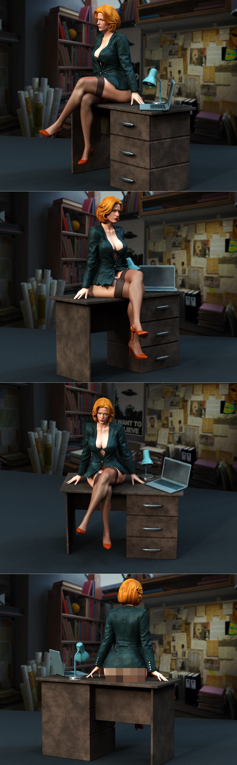 Dana Scully 3D model sitting on a desk, wearing an open blazer, bra, and fishnet stockings, with a laptop and lamp ne...