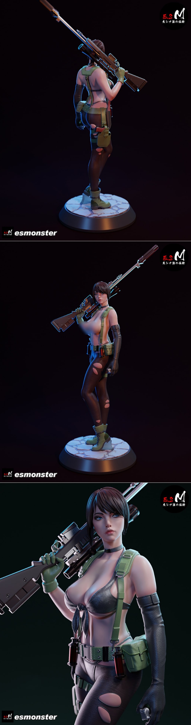 3D model of Quiet V2 from Metal Gear Solid, holding a sniper rifle, wearing a bikini top and ripped leggings, on a ci...