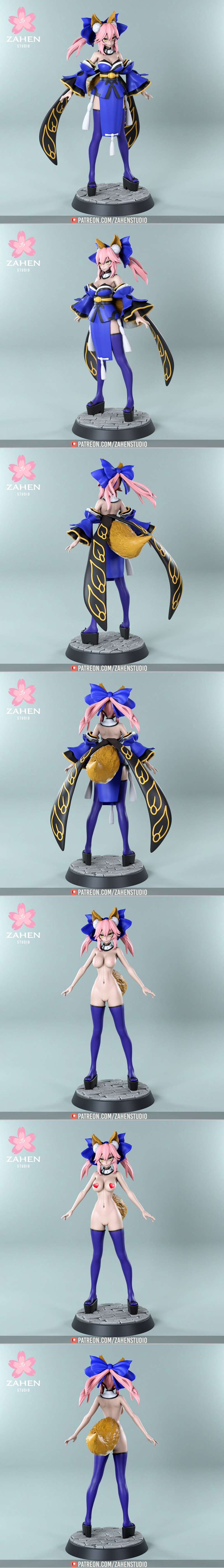 Zahen Studio 3D model of Tamamo no Mae from Fate/Grand Order, featuring pink hair, fox ears, blue dress, and platform...